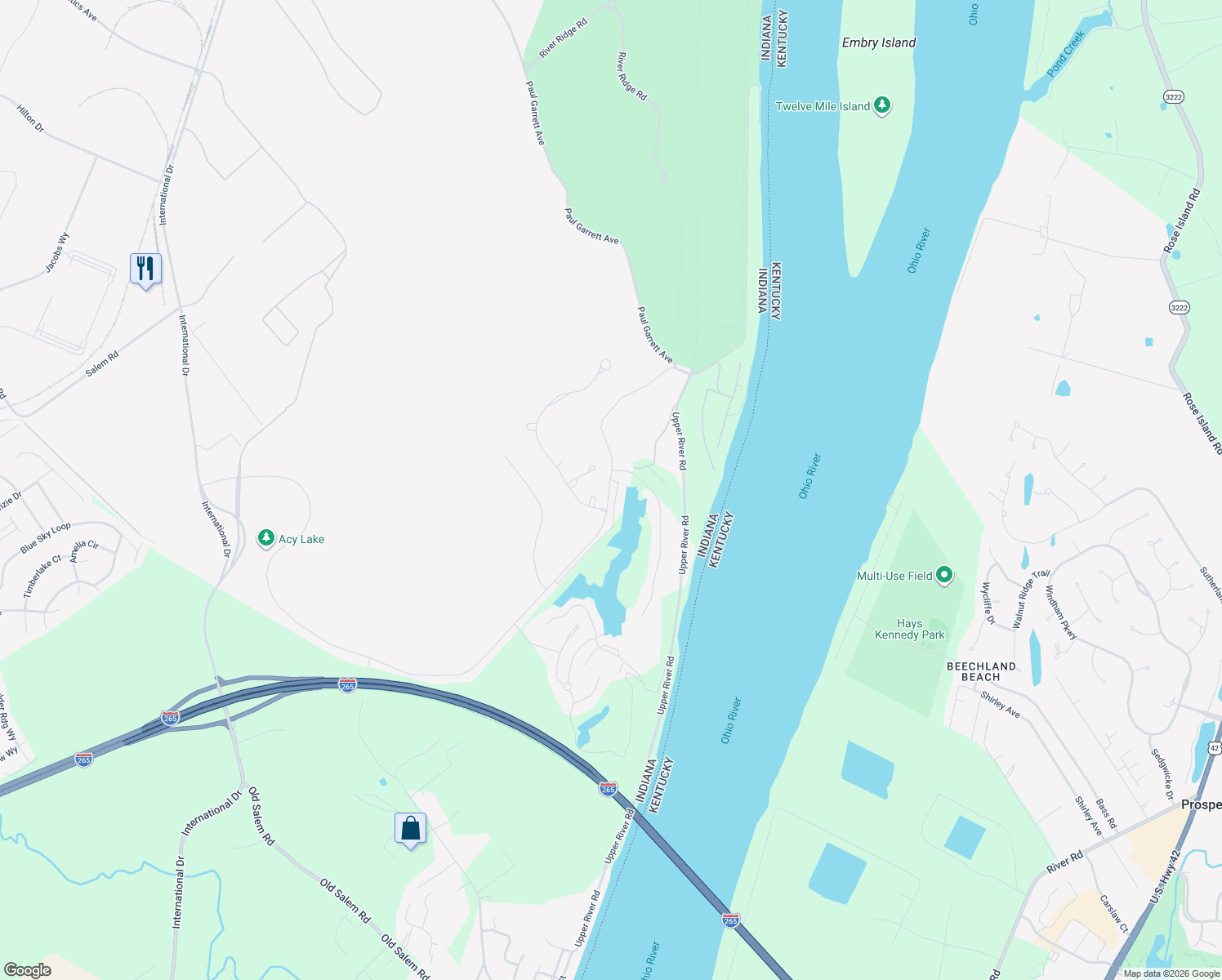 map of restaurants, bars, coffee shops, grocery stores, and more near Bluff Ridge Rd in Jeffersonville