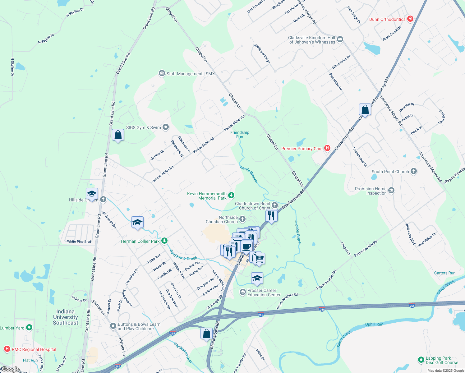 map of restaurants, bars, coffee shops, grocery stores, and more near 4200 Shetland Court in New Albany