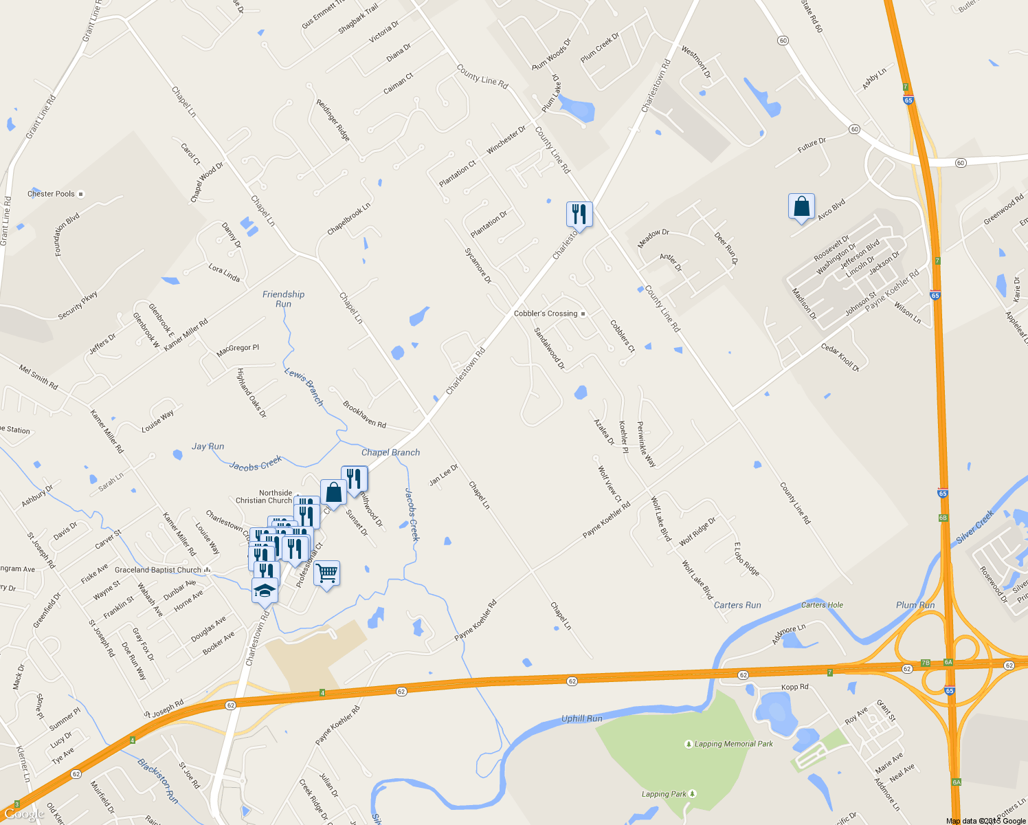 map of restaurants, bars, coffee shops, grocery stores, and more near 3042 Autumn Hill Trail in New Albany