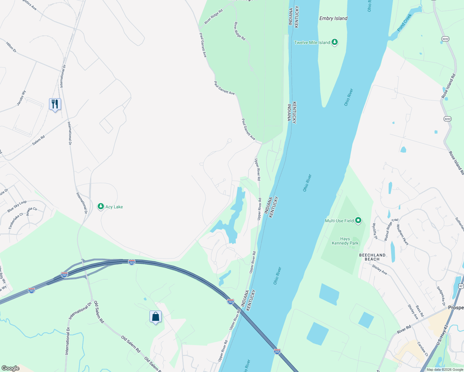 map of restaurants, bars, coffee shops, grocery stores, and more near Bluff Ridge Rd in Jeffersonville