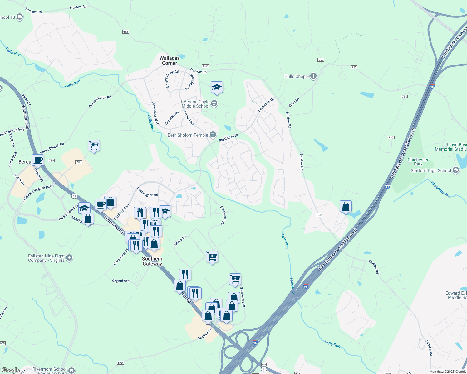 map of restaurants, bars, coffee shops, grocery stores, and more near 6 Hanover Drive in Fredericksburg