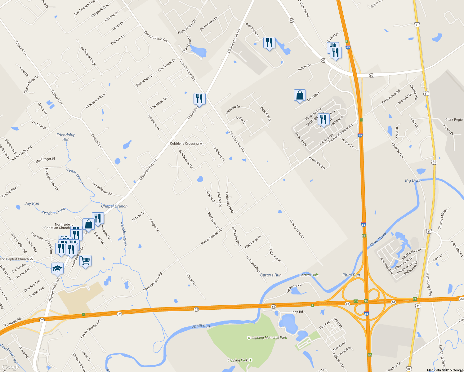 map of restaurants, bars, coffee shops, grocery stores, and more near 3134 White Blossom Cir in New Albany
