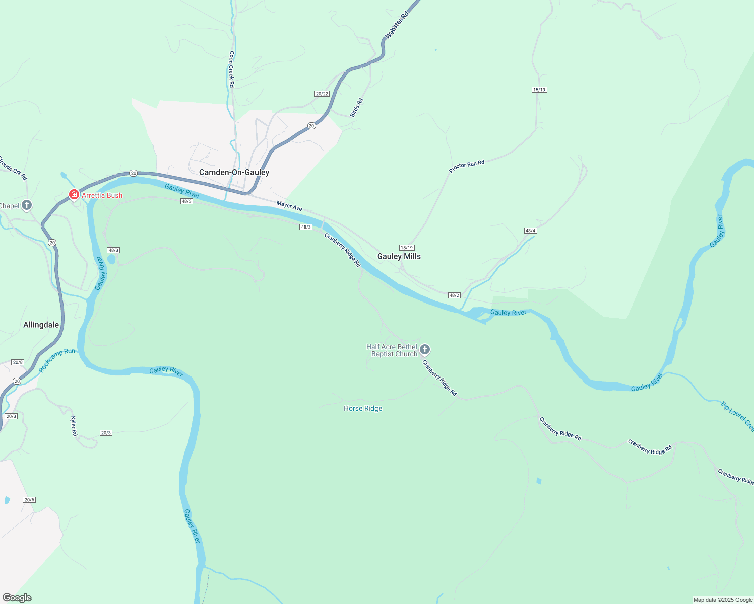 map of restaurants, bars, coffee shops, grocery stores, and more near 265 Cranberry Ridge Road in Camden-on-Gauley