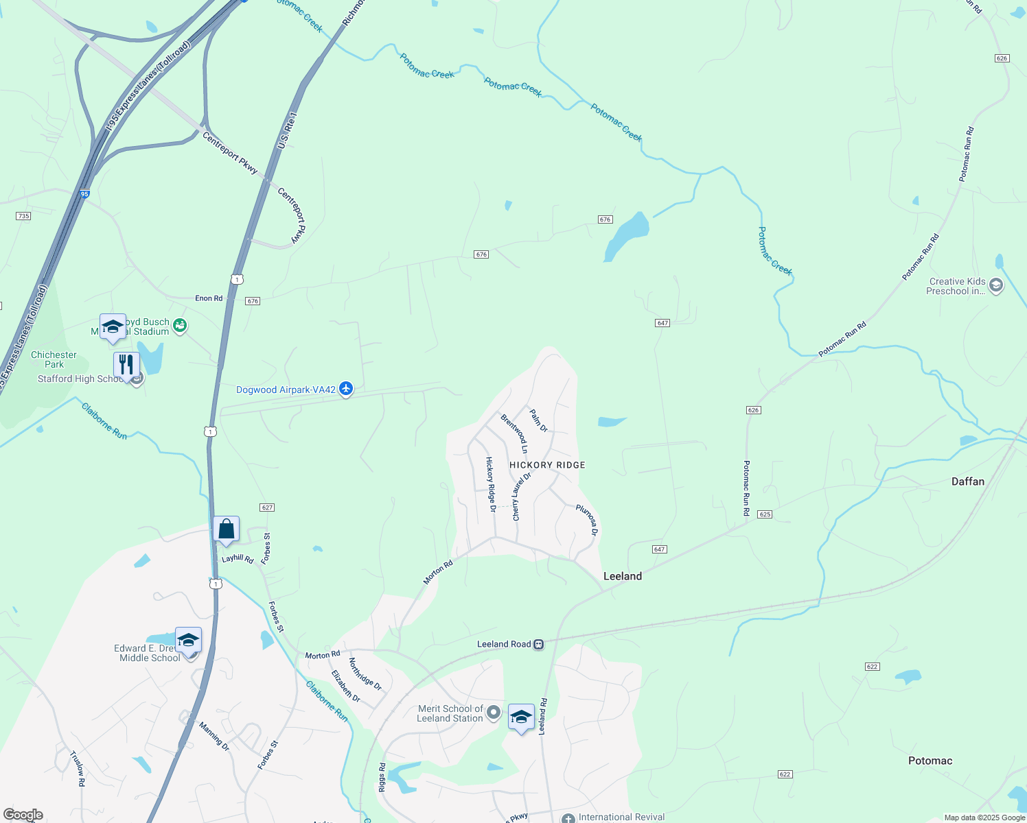 map of restaurants, bars, coffee shops, grocery stores, and more near 3 Amelia Court in Fredericksburg