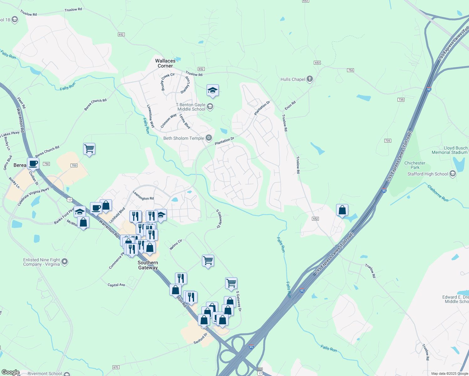 map of restaurants, bars, coffee shops, grocery stores, and more near 2 Birchleaf Drive in Fredericksburg