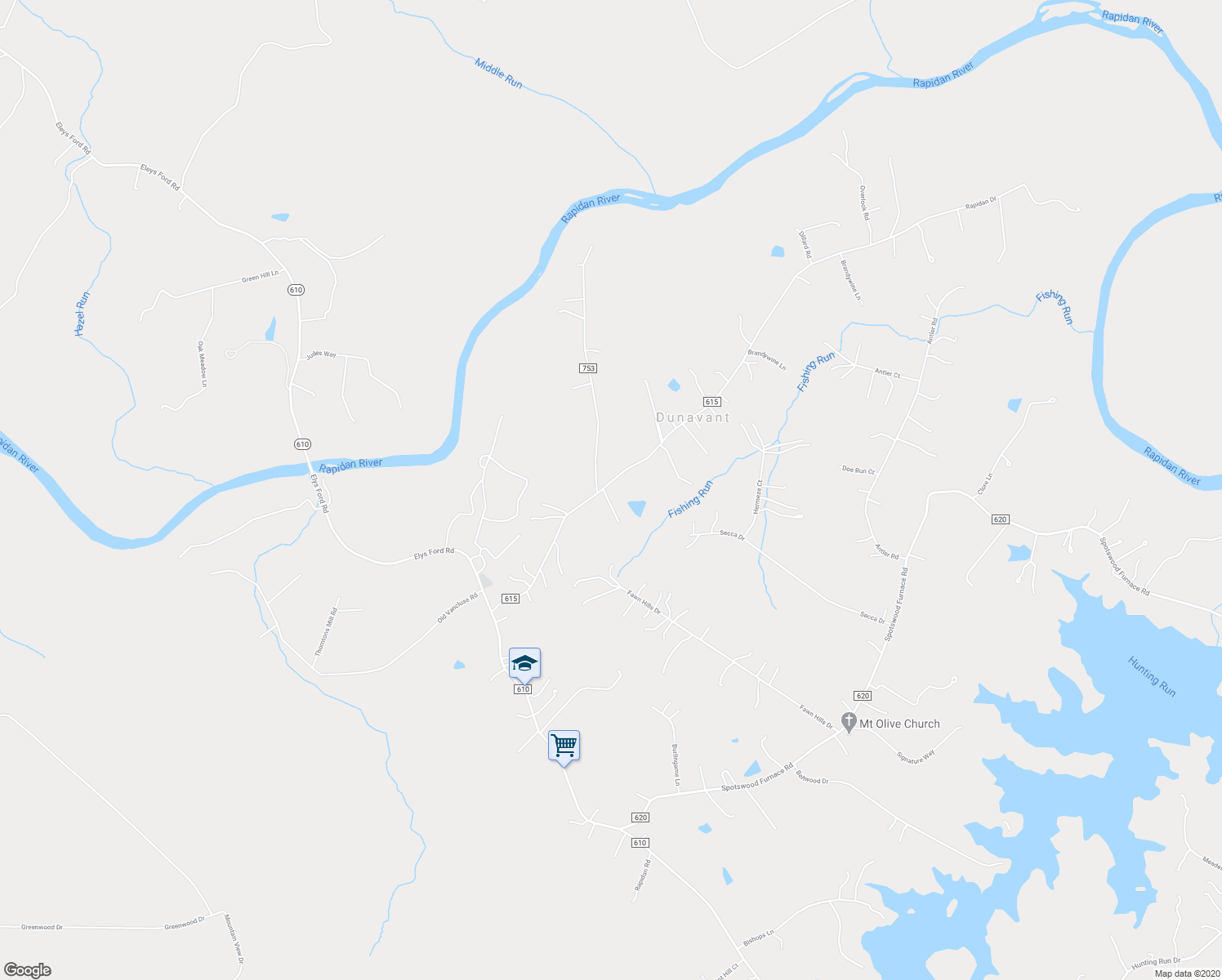 map of restaurants, bars, coffee shops, grocery stores, and more near 9648 Rapidan Drive in Fredericksburg