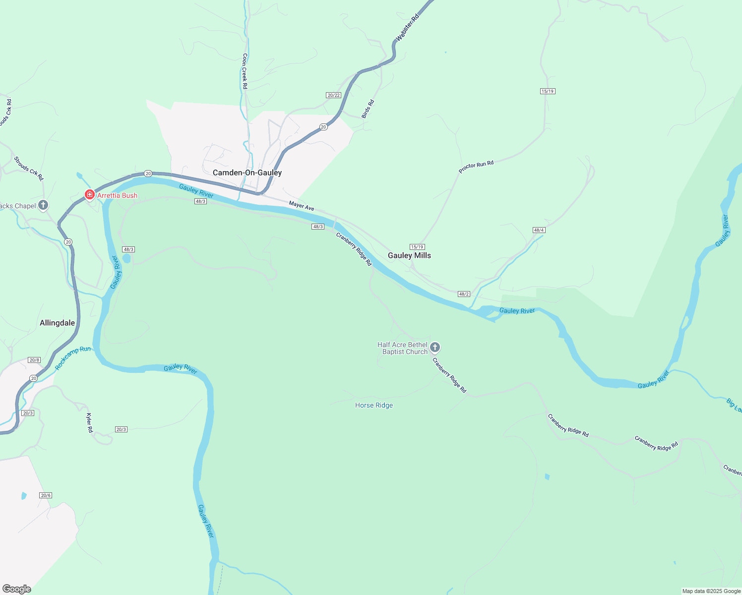 map of restaurants, bars, coffee shops, grocery stores, and more near 265 Cranberry Ridge Road in Camden-on-Gauley