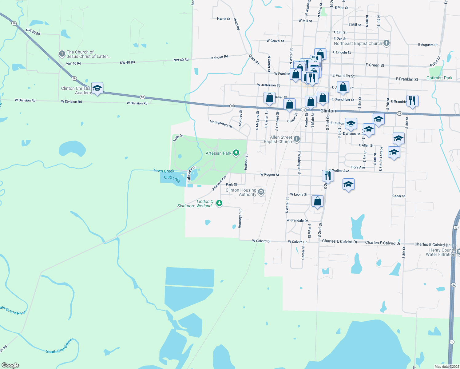 map of restaurants, bars, coffee shops, grocery stores, and more near 1098 Tower St in Clinton