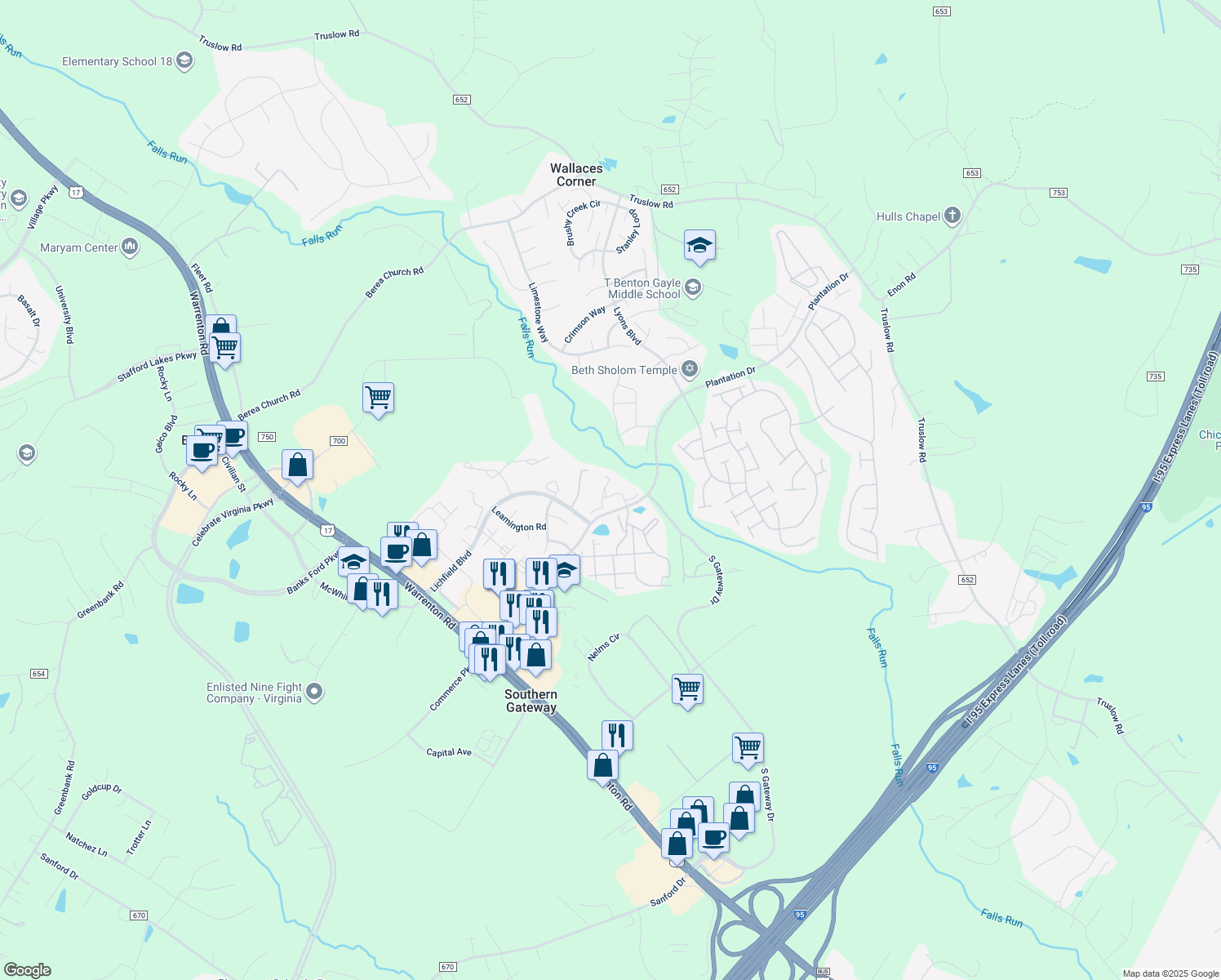 map of restaurants, bars, coffee shops, grocery stores, and more near 402 Backridge Court in Fredericksburg