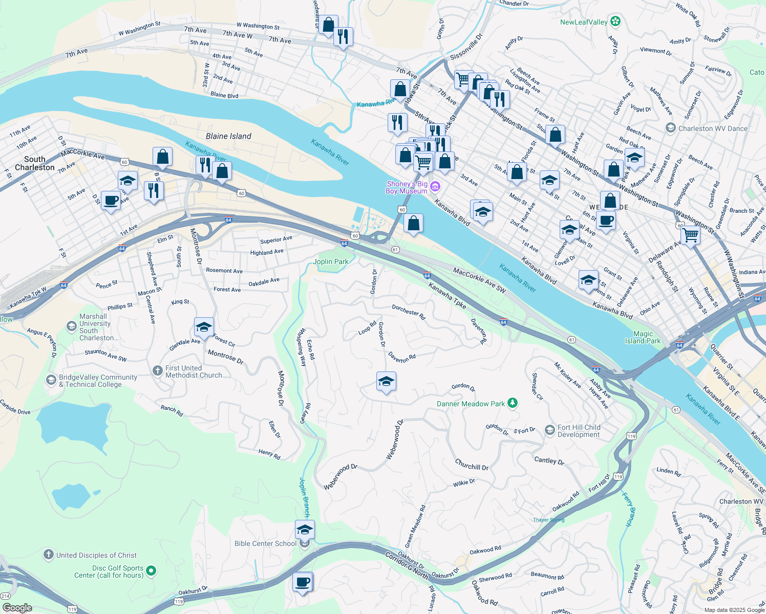 map of restaurants, bars, coffee shops, grocery stores, and more near 1607 Mountain Road in Charleston