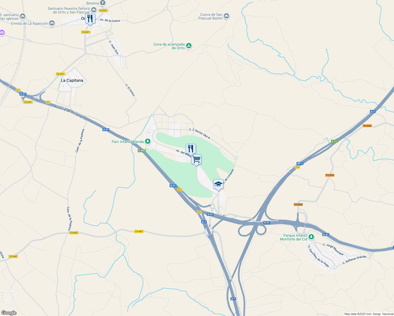 map of restaurants, bars, coffee shops, grocery stores, and more near 69 Avenida del Mediterráneo in Monforte del Cid