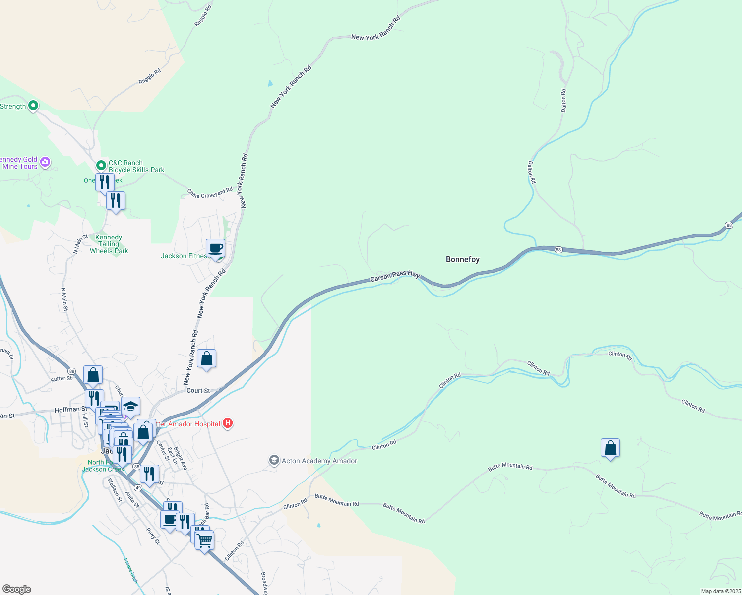 map of restaurants, bars, coffee shops, grocery stores, and more near 15308-15440 Carson Pass Hwy in Jackson
