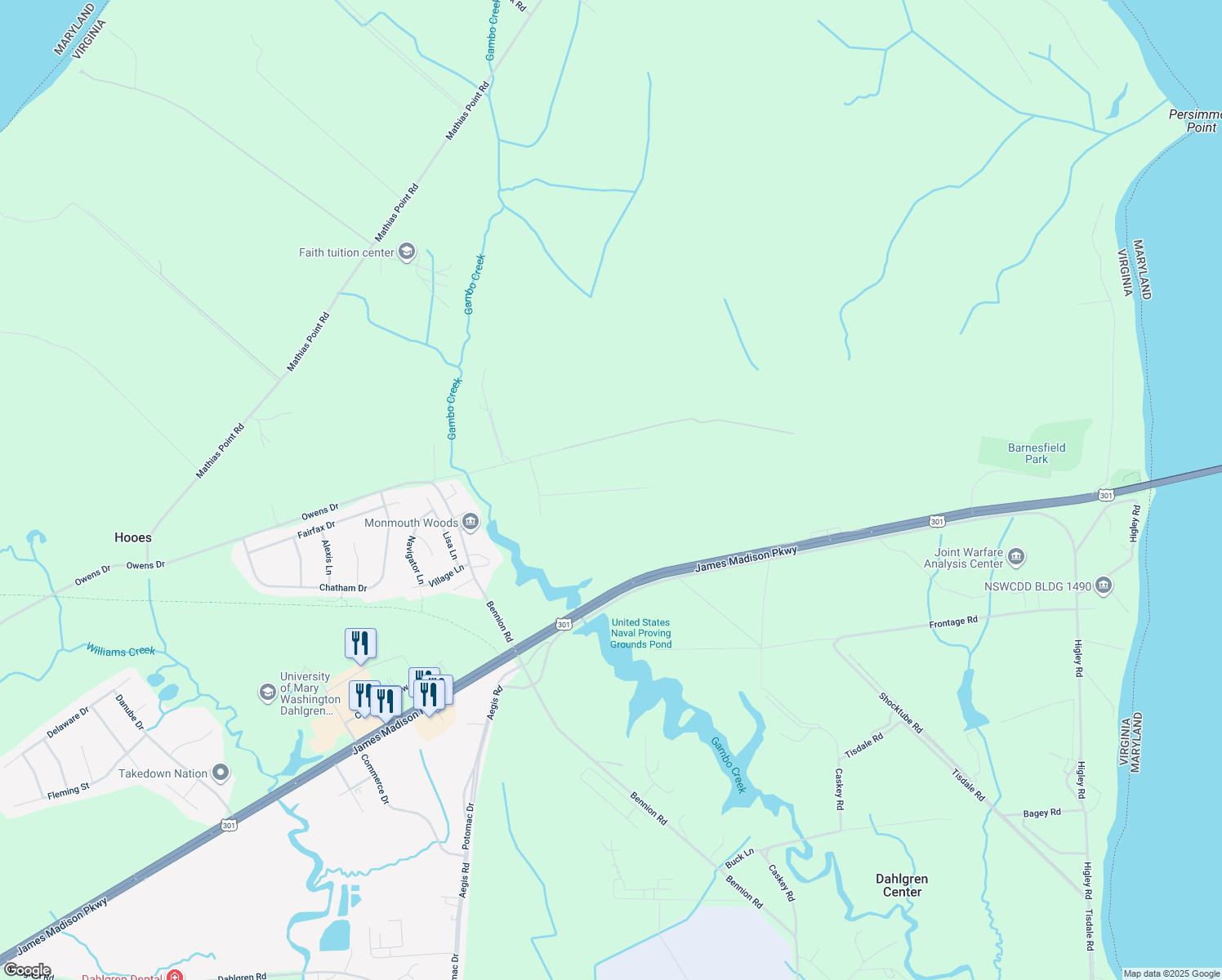 map of restaurants, bars, coffee shops, grocery stores, and more near 17331 Sarah Ln in King George