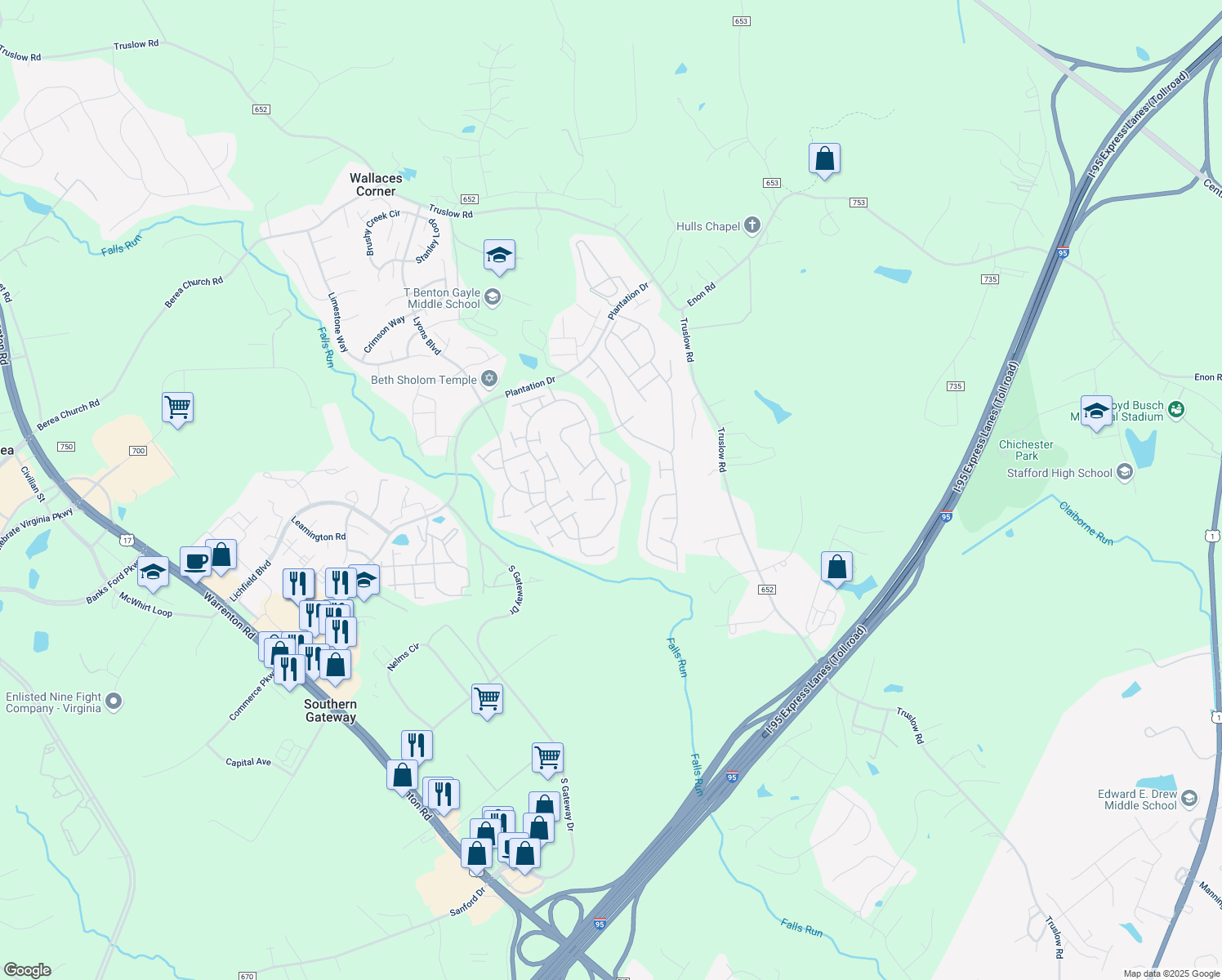 map of restaurants, bars, coffee shops, grocery stores, and more near 295 Bridgewater Circle in Fredericksburg