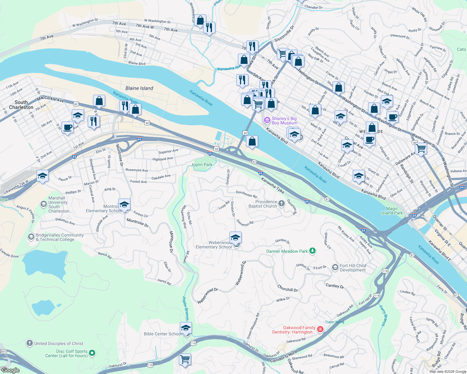 map of restaurants, bars, coffee shops, grocery stores, and more near 1607 Mountain Road in Charleston