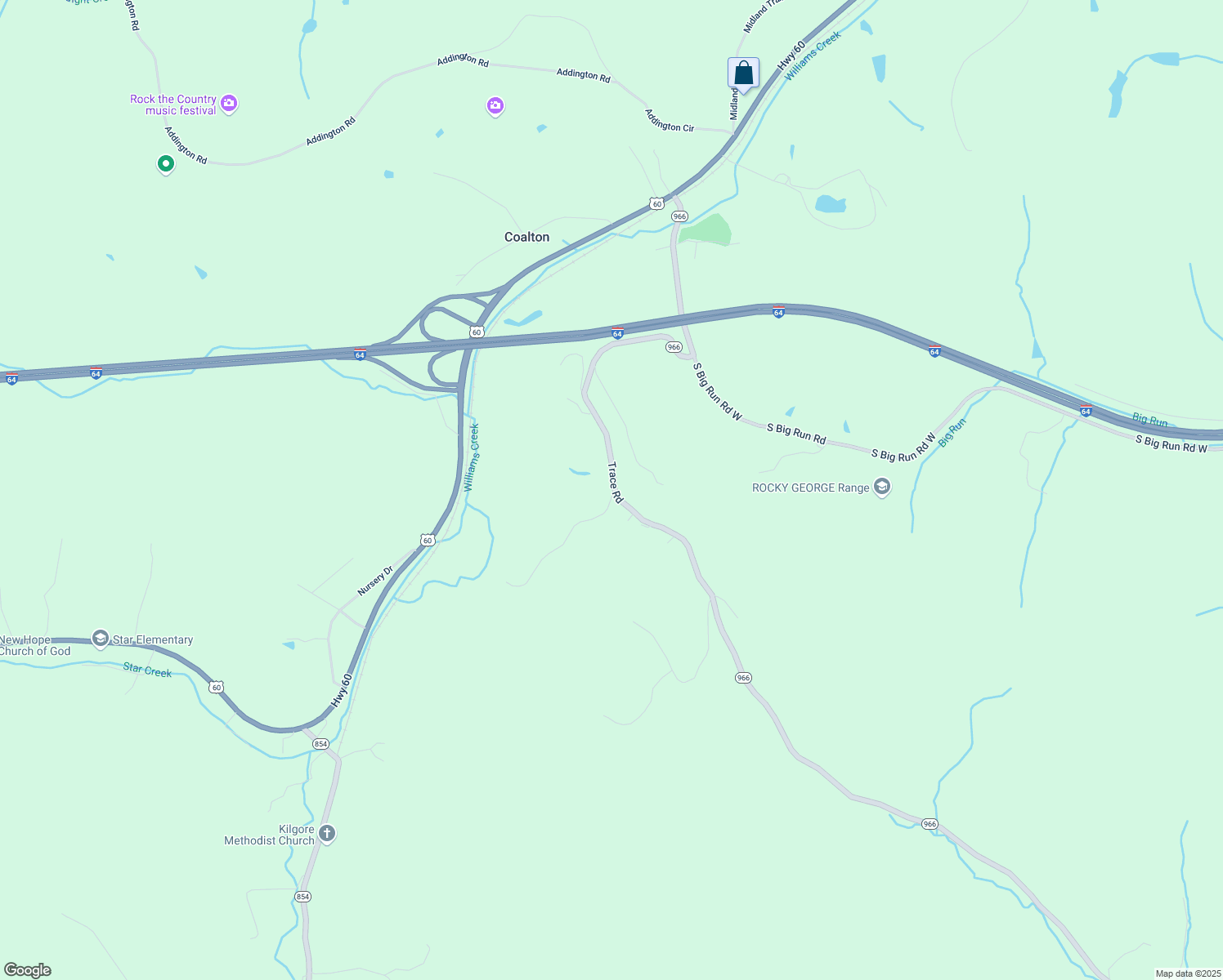 map of restaurants, bars, coffee shops, grocery stores, and more near 15319 Trace Road in Rush