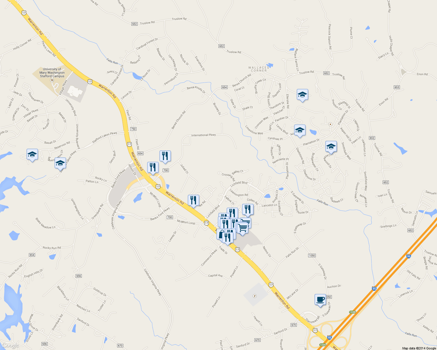 map of restaurants, bars, coffee shops, grocery stores, and more near 409 Crossing Road in Fredericksburg