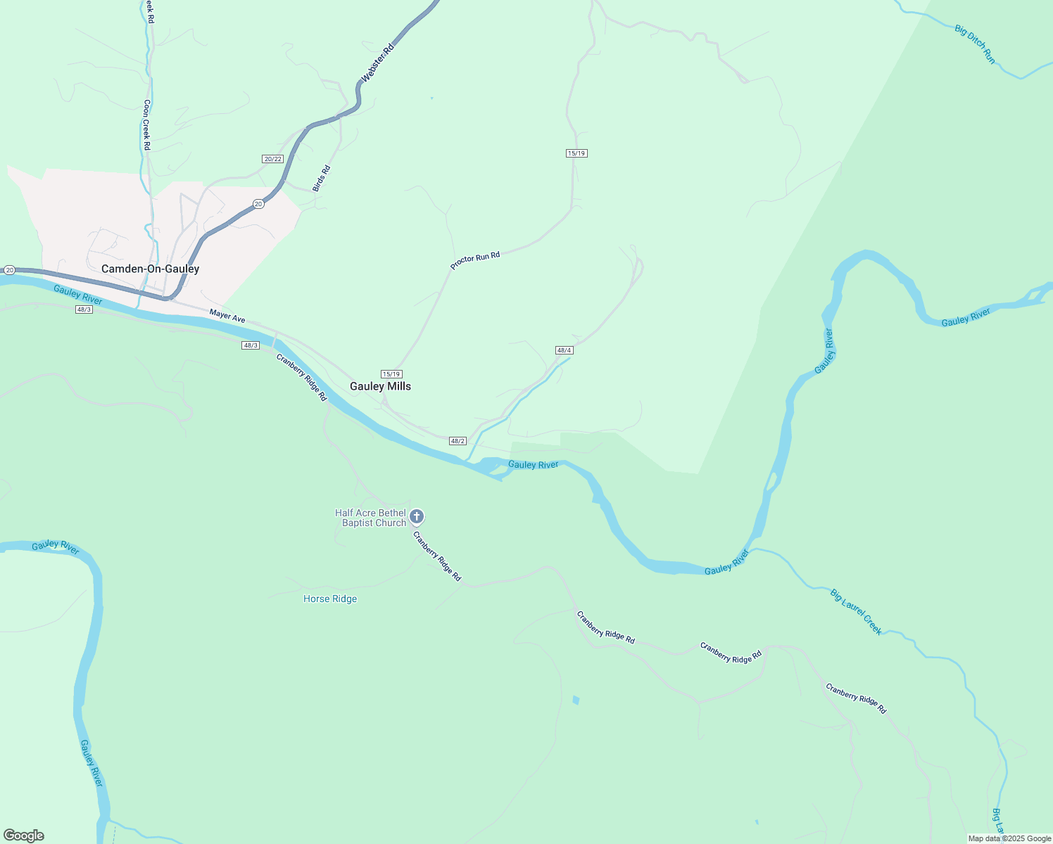 map of restaurants, bars, coffee shops, grocery stores, and more near 613 Gauley Mills Road in Camden-on-Gauley