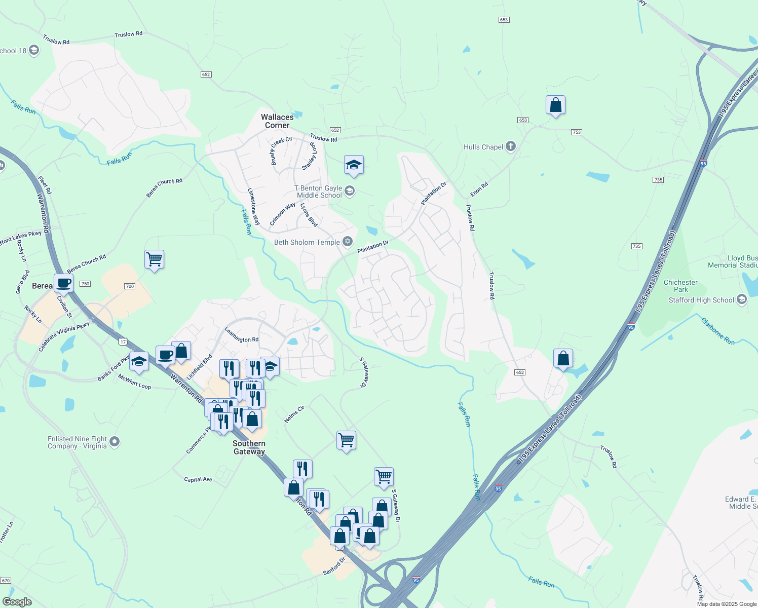 map of restaurants, bars, coffee shops, grocery stores, and more near 162 Bridgewater Circle in Fredericksburg