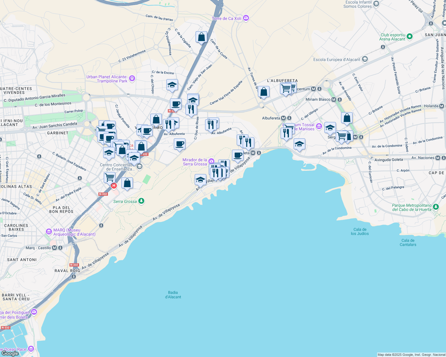 map of restaurants, bars, coffee shops, grocery stores, and more near 12 Avenida de Villajoyosa in Alicante (Alacant)