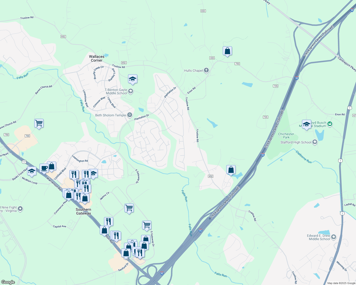 map of restaurants, bars, coffee shops, grocery stores, and more near 11 Herndon Court in Fredericksburg