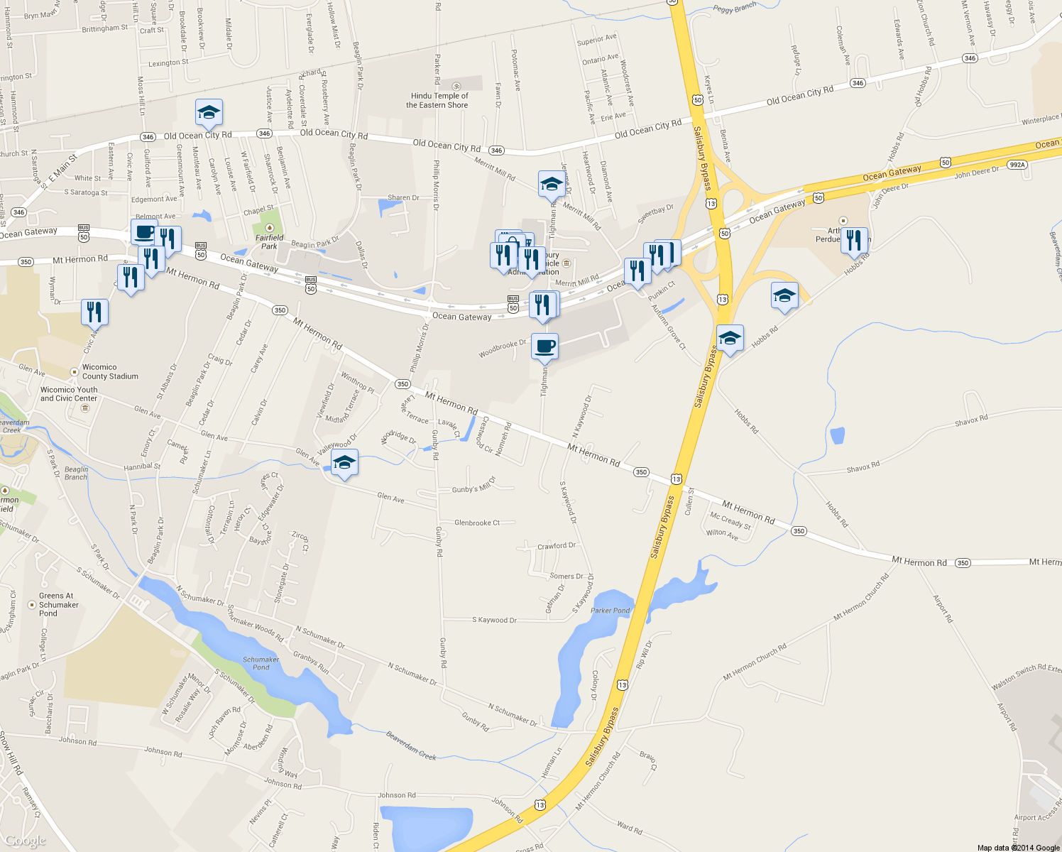 map of restaurants, bars, coffee shops, grocery stores, and more near 350 Tilghman Road in Salisbury