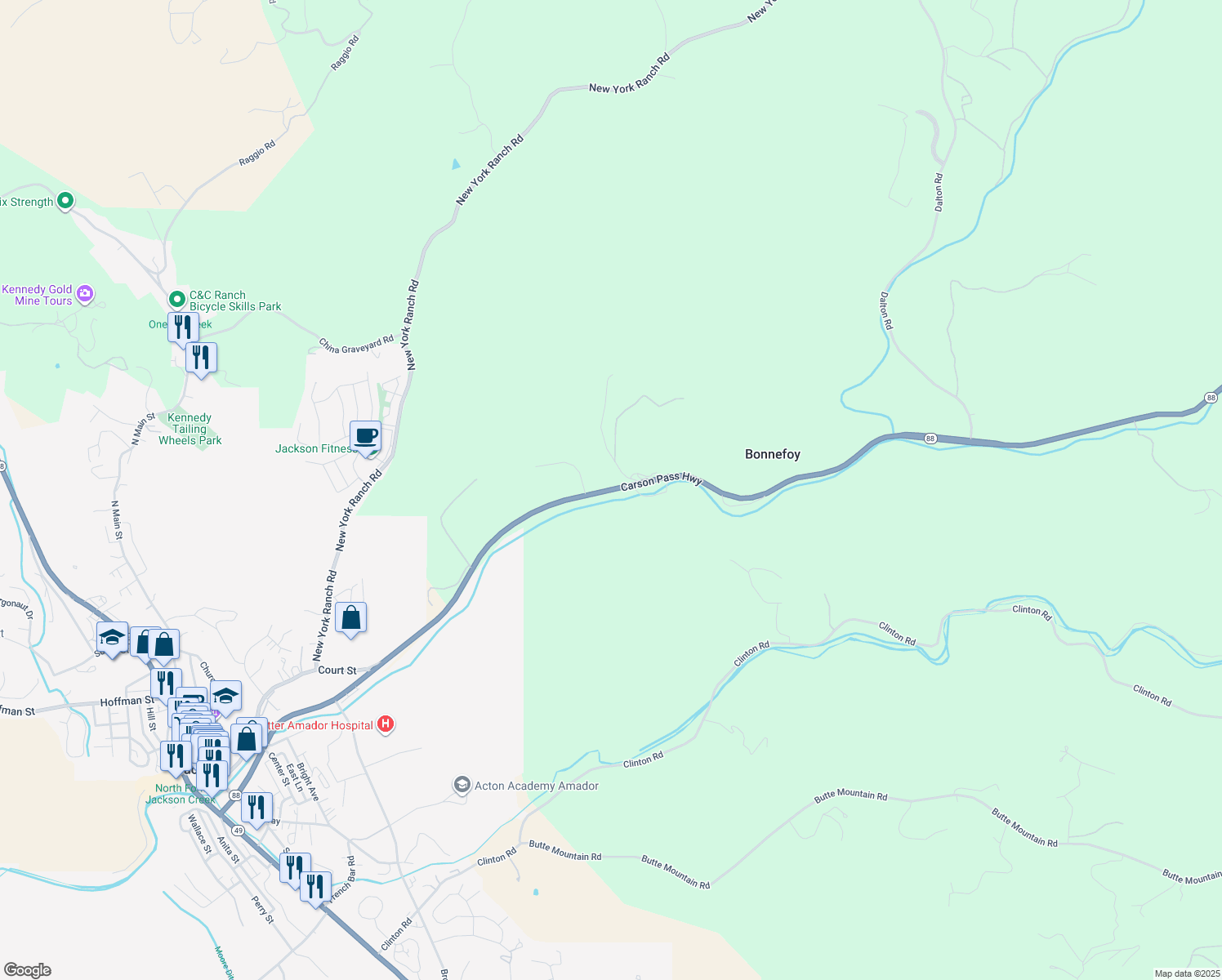 map of restaurants, bars, coffee shops, grocery stores, and more near 15308-15440 Carson Pass Hwy in Jackson