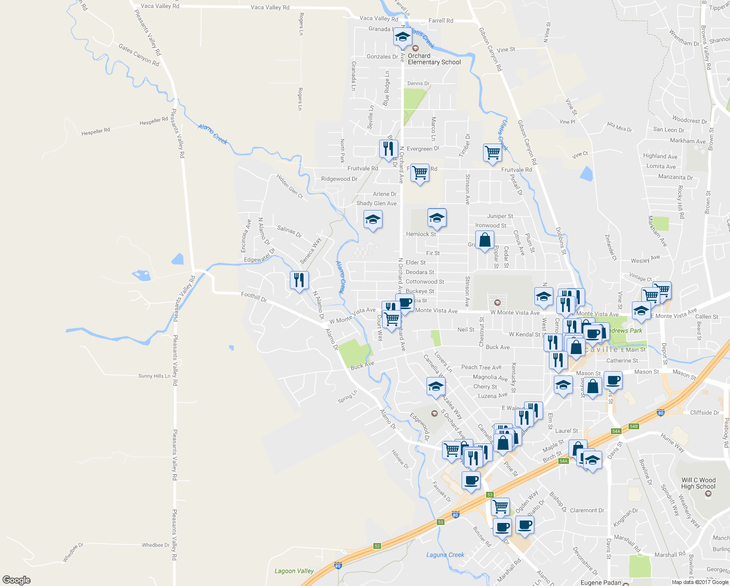 map of restaurants, bars, coffee shops, grocery stores, and more near 593 Cottonwood Street in Vacaville