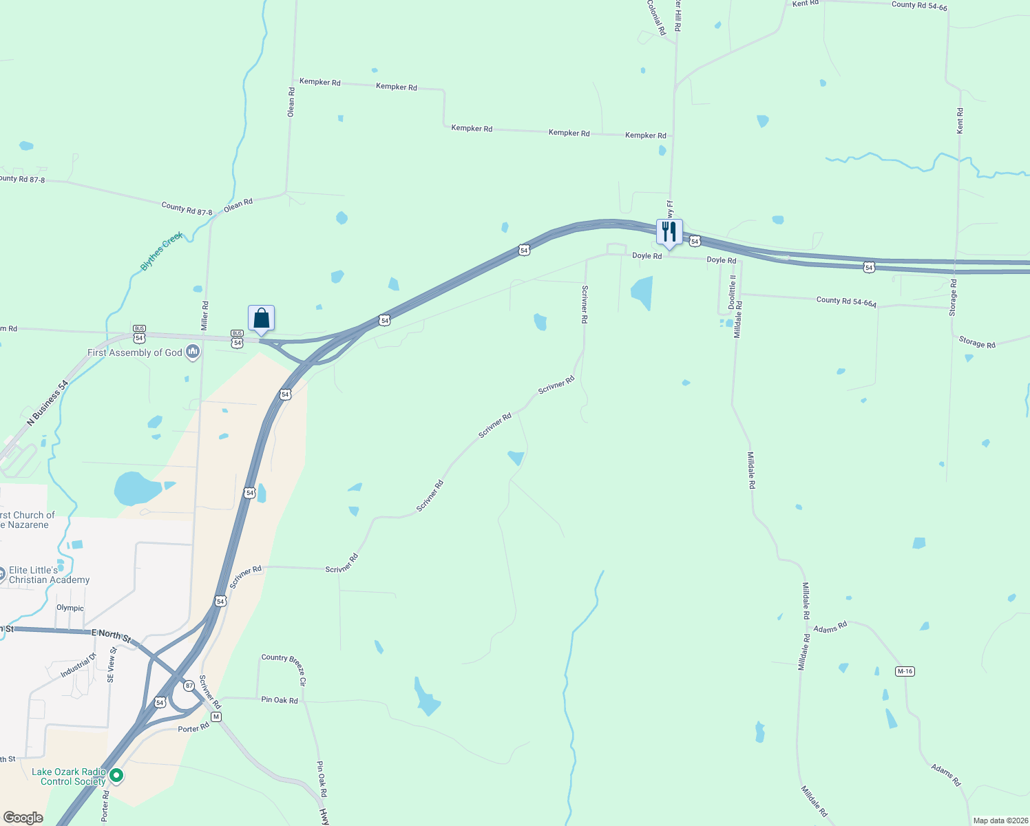 map of restaurants, bars, coffee shops, grocery stores, and more near 172 Scrivner Rd in Eldon