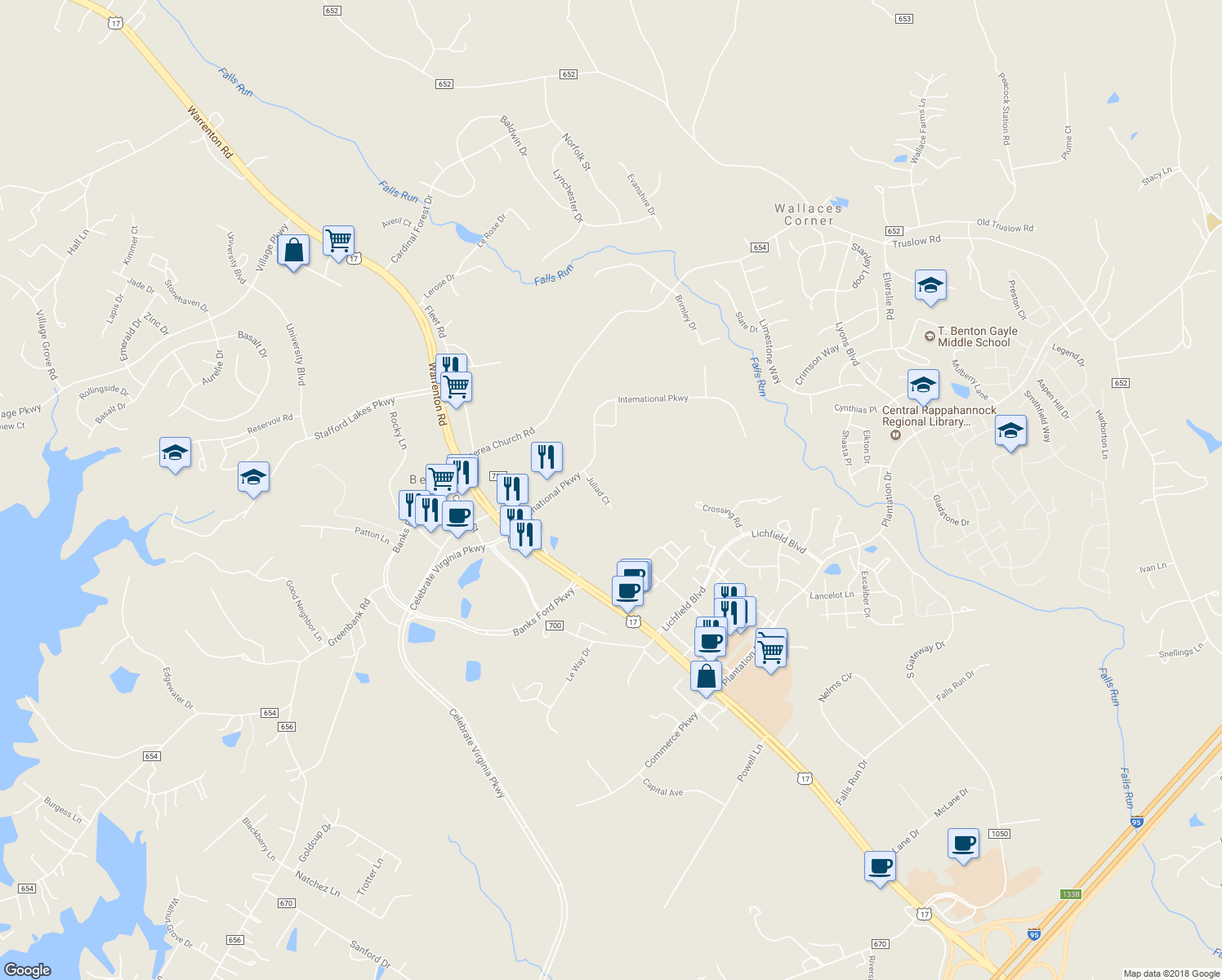map of restaurants, bars, coffee shops, grocery stores, and more near 107 Juliad Court in Fredericksburg