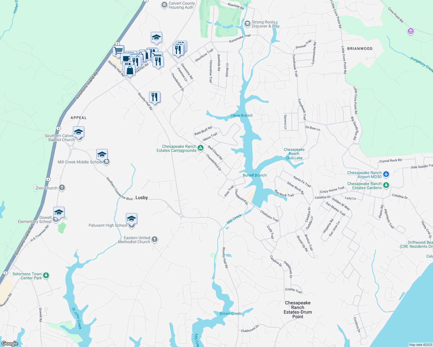 map of restaurants, bars, coffee shops, grocery stores, and more near 11835 Poplar Court in Lusby