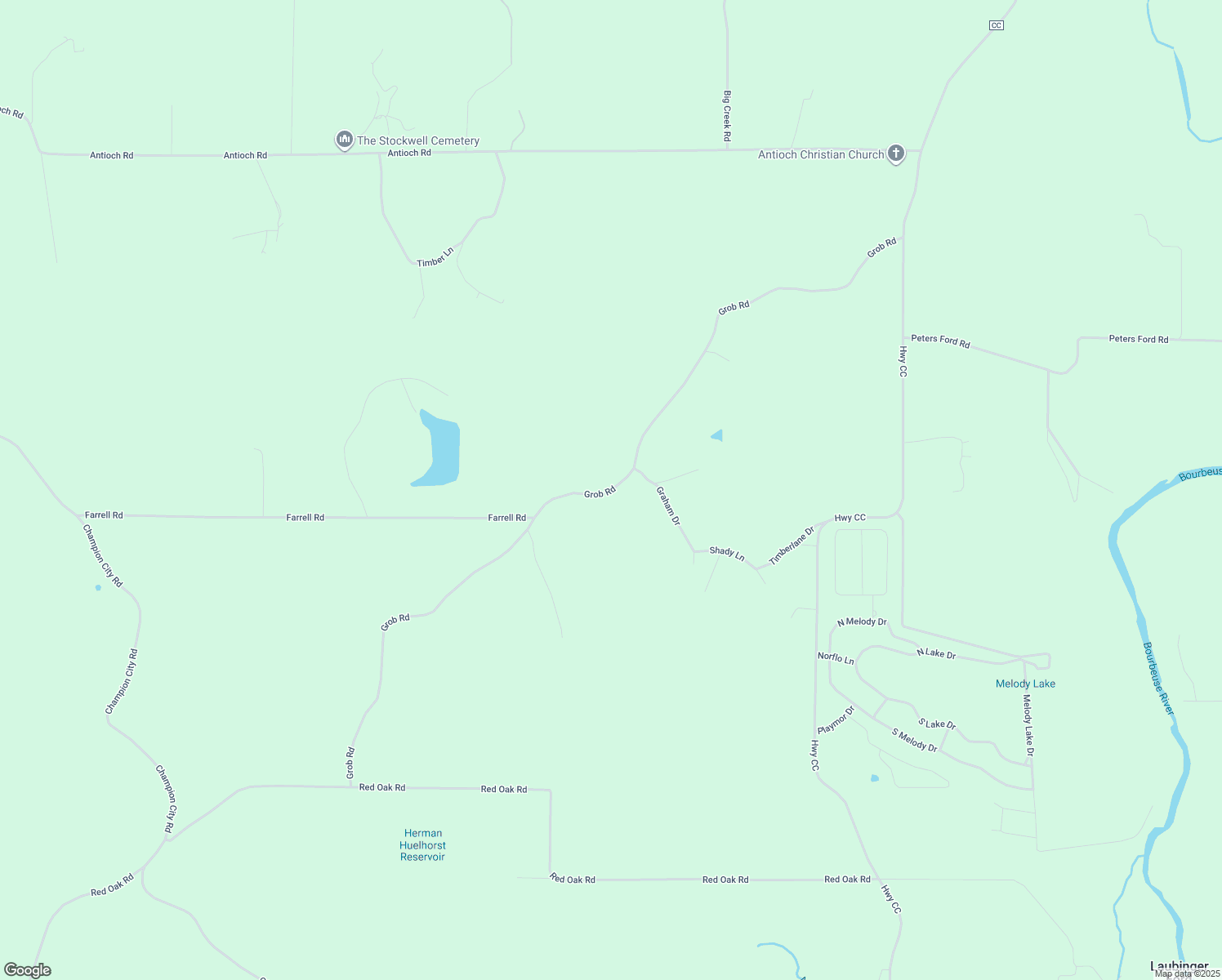 map of restaurants, bars, coffee shops, grocery stores, and more near Grob Road in Gerald