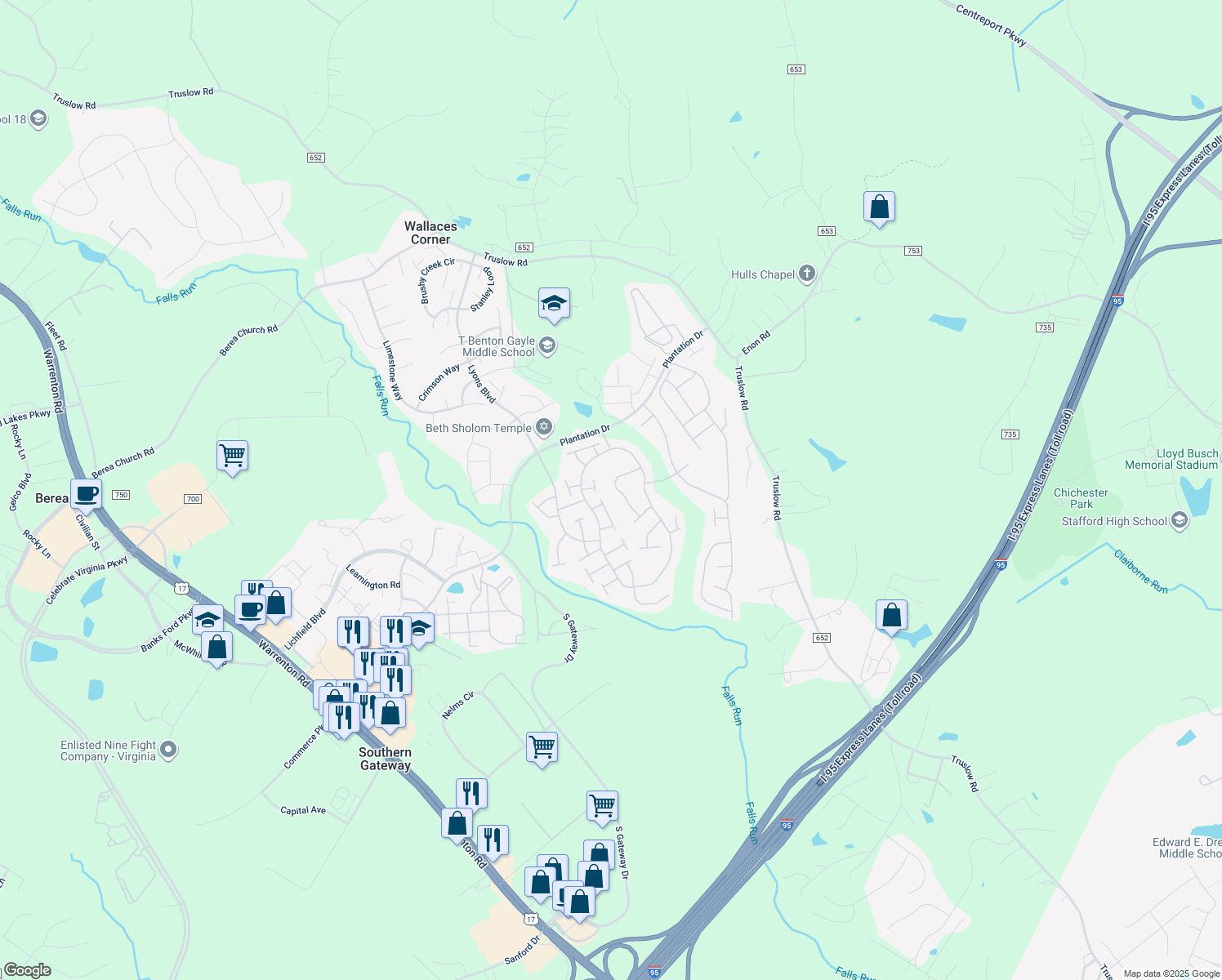 map of restaurants, bars, coffee shops, grocery stores, and more near 20 Castlewood Drive in Fredericksburg