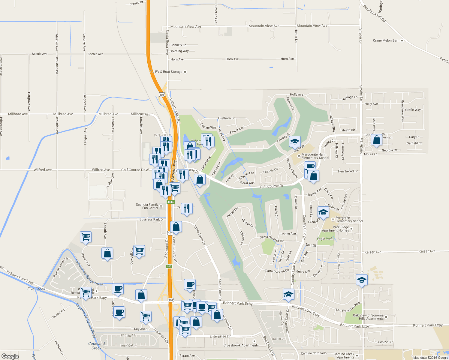 map of restaurants, bars, coffee shops, grocery stores, and more near Golf Course Drive in Rohnert Park