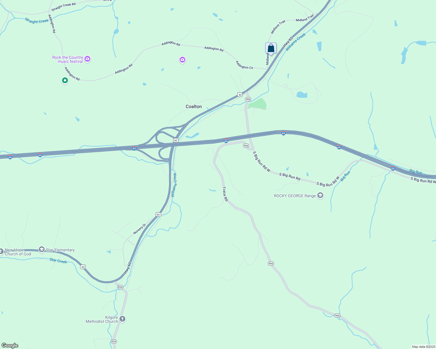 map of restaurants, bars, coffee shops, grocery stores, and more near 15319-15833 Trace Road in Rush
