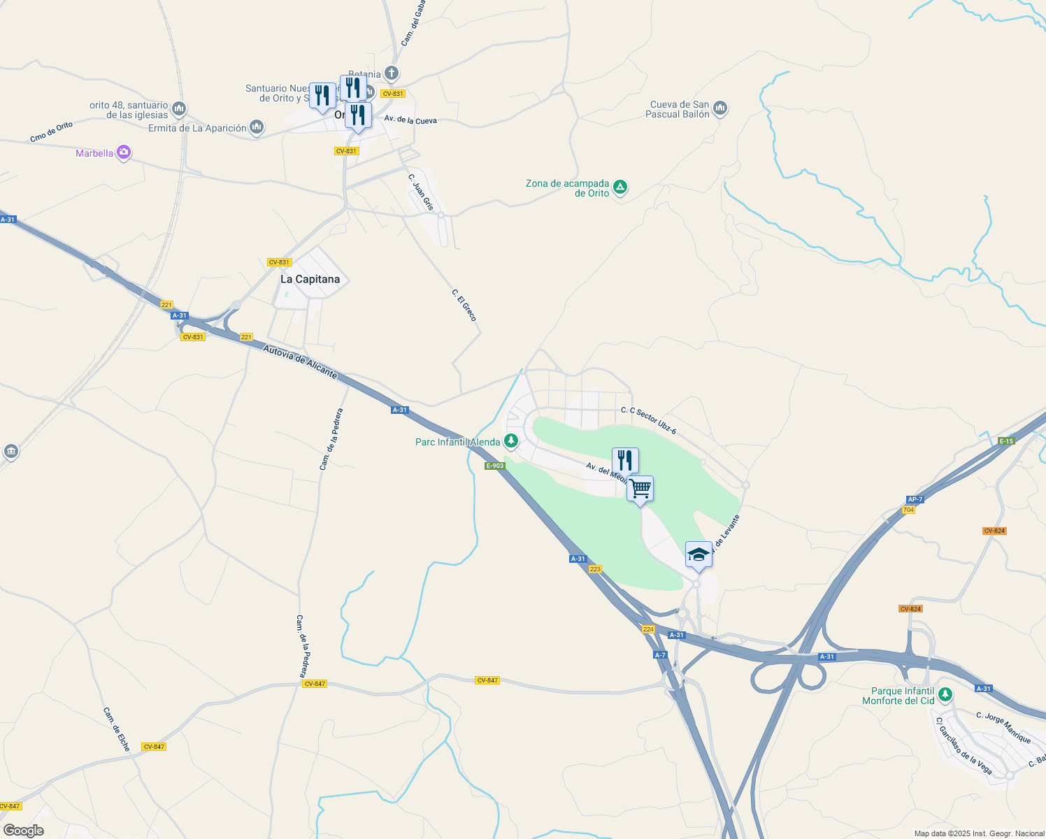 map of restaurants, bars, coffee shops, grocery stores, and more near 69 Avenida del Mediterráneo in Monforte del Cid