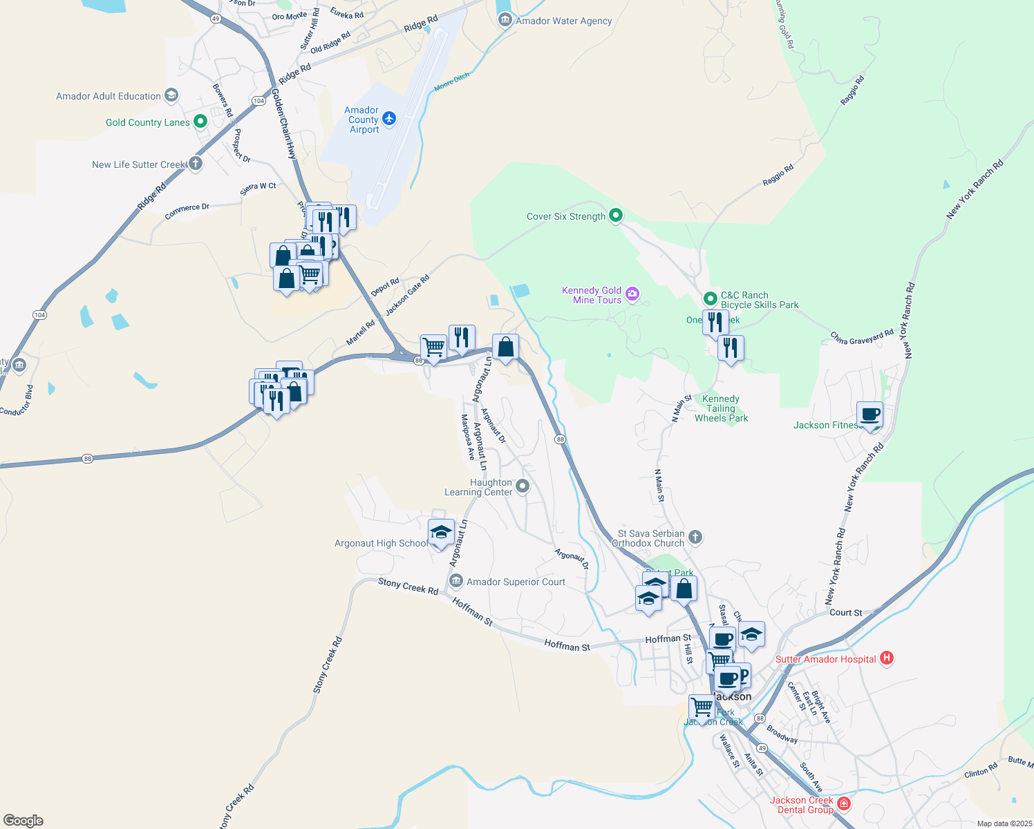 map of restaurants, bars, coffee shops, grocery stores, and more near 10554 Ridgecrest Drive in Jackson