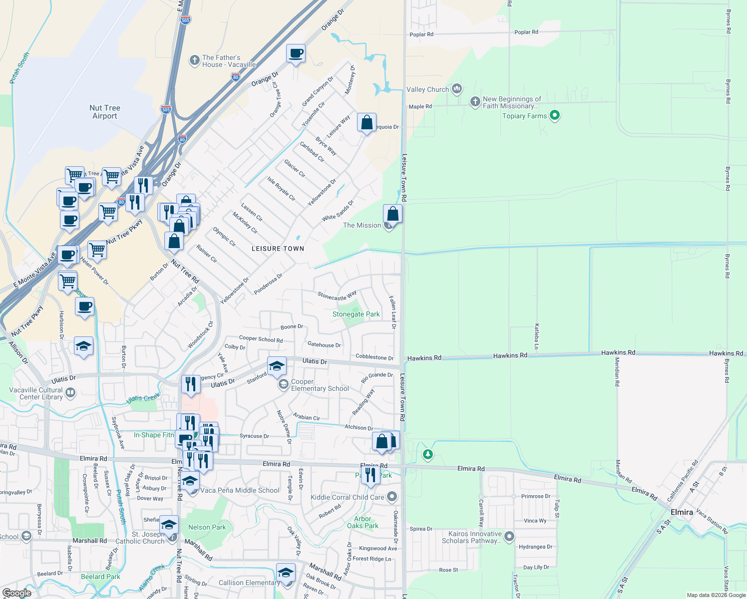 map of restaurants, bars, coffee shops, grocery stores, and more near 236 Willow Green Way in Vacaville