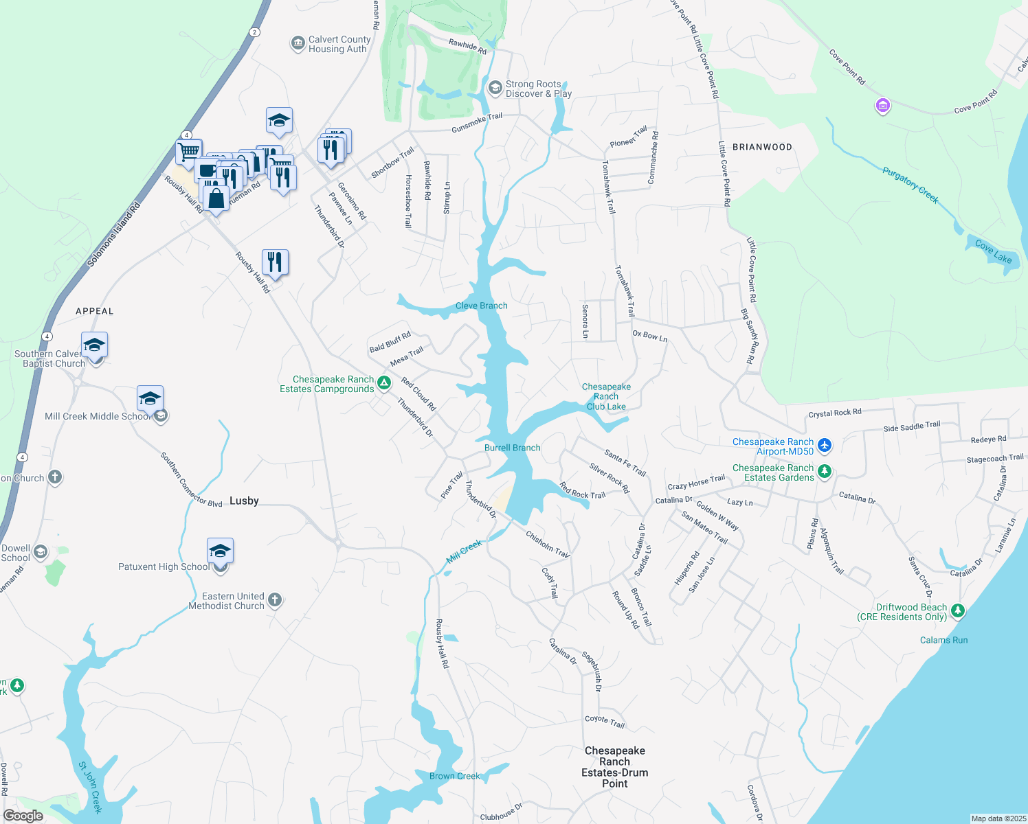 map of restaurants, bars, coffee shops, grocery stores, and more near 11641 Deadwood Drive in Lusby