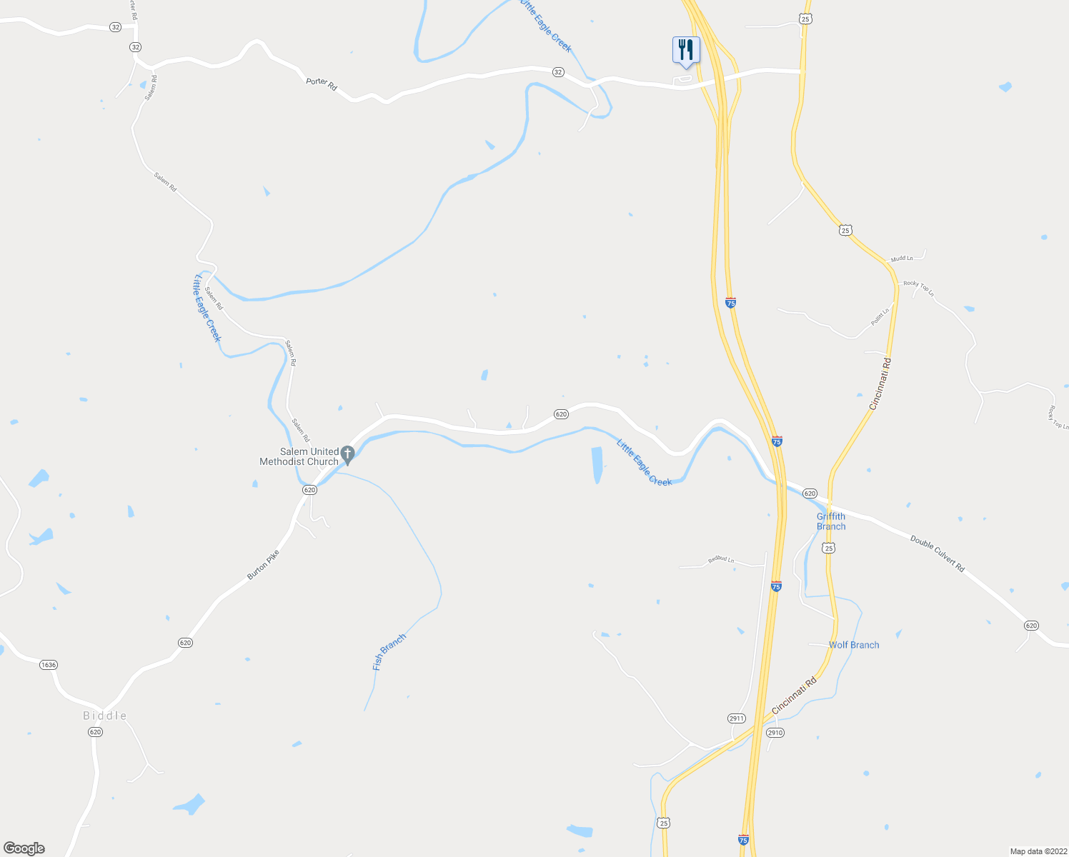 map of restaurants, bars, coffee shops, grocery stores, and more near Biddle Pike in Sadieville