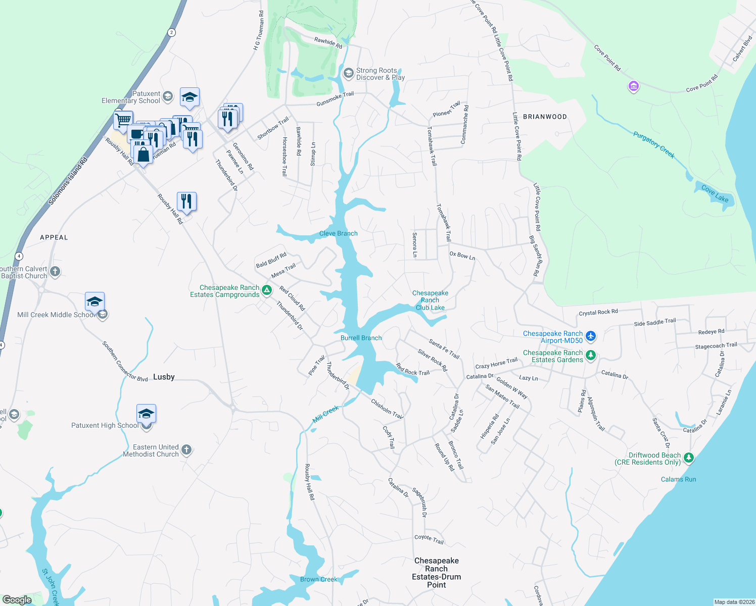 map of restaurants, bars, coffee shops, grocery stores, and more near 11624 Deadwood Drive in Lusby