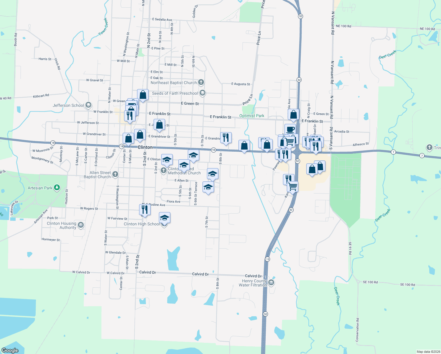 map of restaurants, bars, coffee shops, grocery stores, and more near 617 S 8th St in Clinton