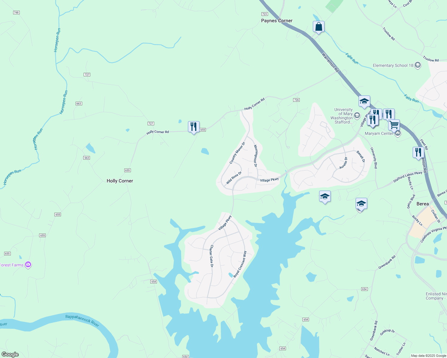map of restaurants, bars, coffee shops, grocery stores, and more near 91 Country Manor Drive in Fredericksburg