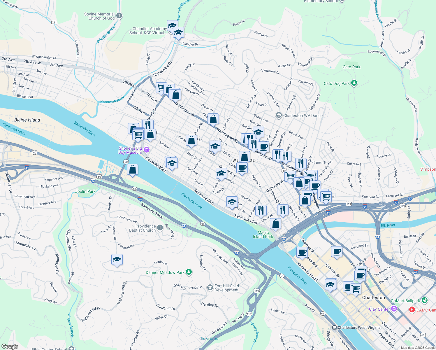 map of restaurants, bars, coffee shops, grocery stores, and more near 907 Russell St in Charleston
