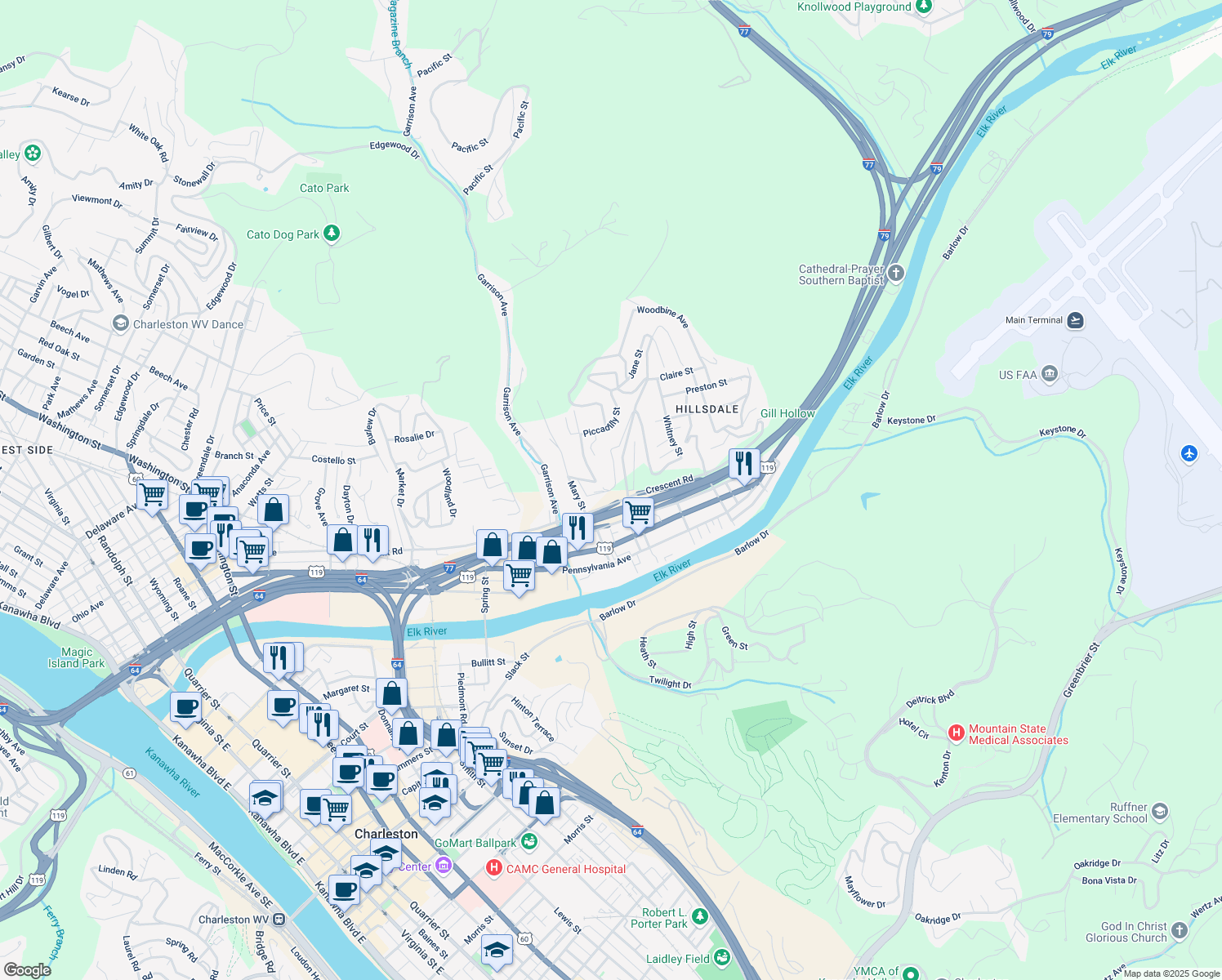 map of restaurants, bars, coffee shops, grocery stores, and more near 1581 Whitney St in Charleston