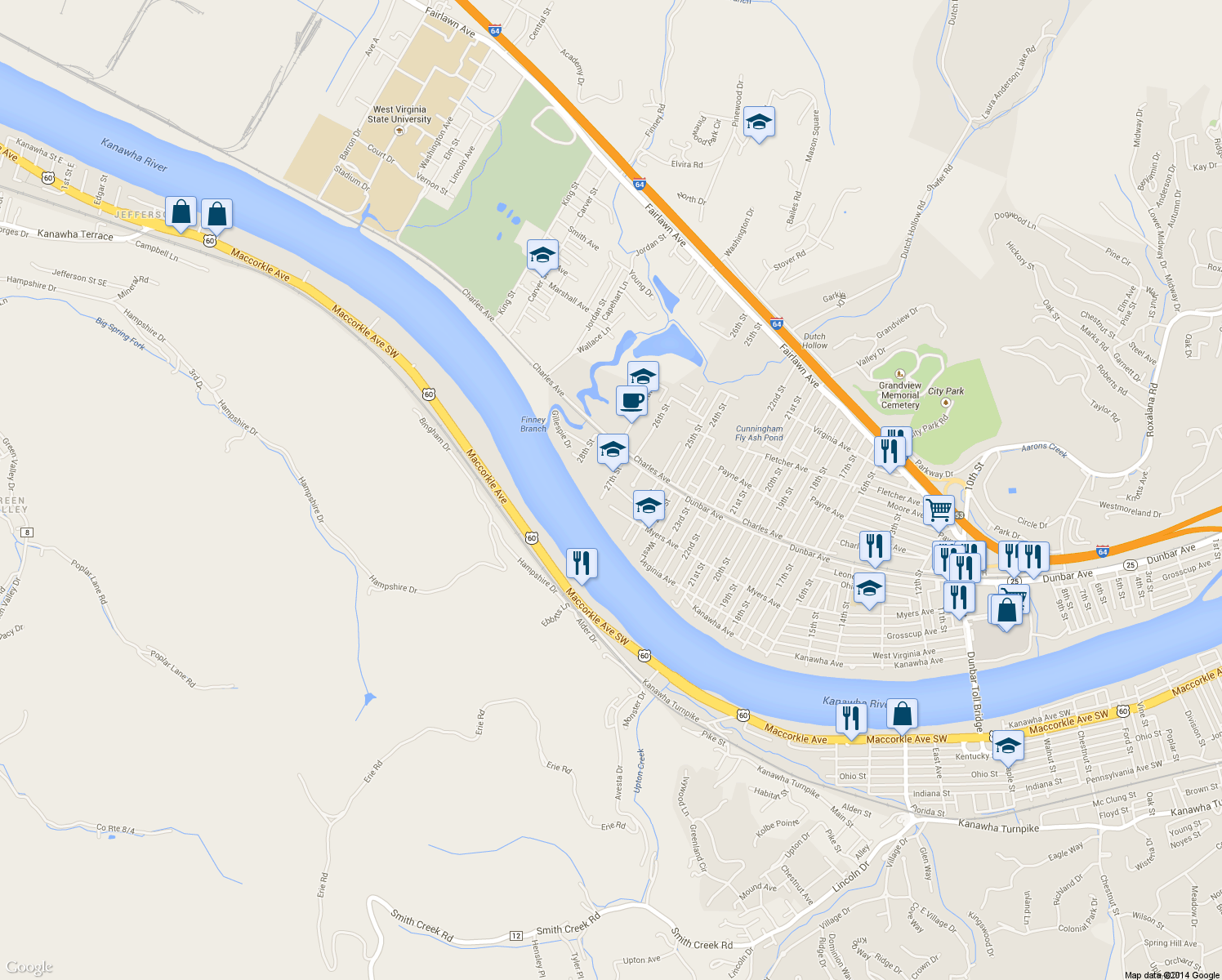 map of restaurants, bars, coffee shops, grocery stores, and more near 208 27th St in Dunbar