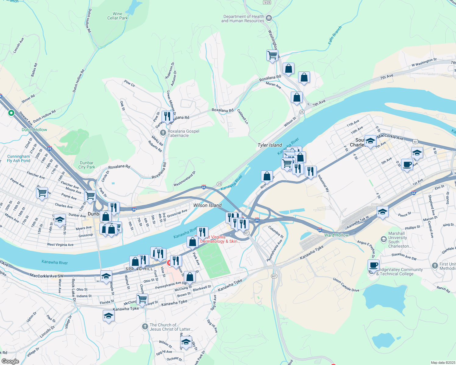 map of restaurants, bars, coffee shops, grocery stores, and more near 62 Access in Dunbar