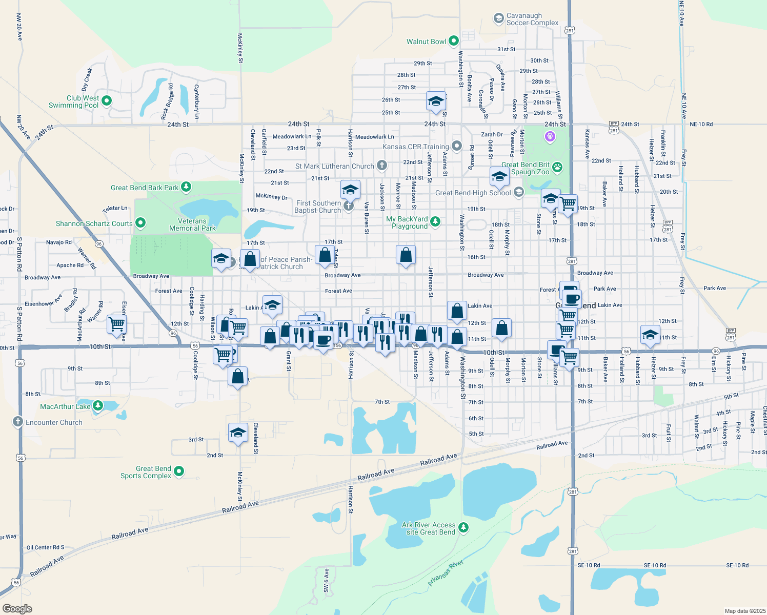 map of restaurants, bars, coffee shops, grocery stores, and more near 1299 Jackson St in Great Bend