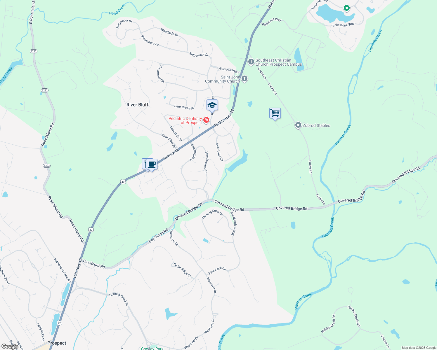 map of restaurants, bars, coffee shops, grocery stores, and more near 12900 Sunnybrook Drive in Prospect