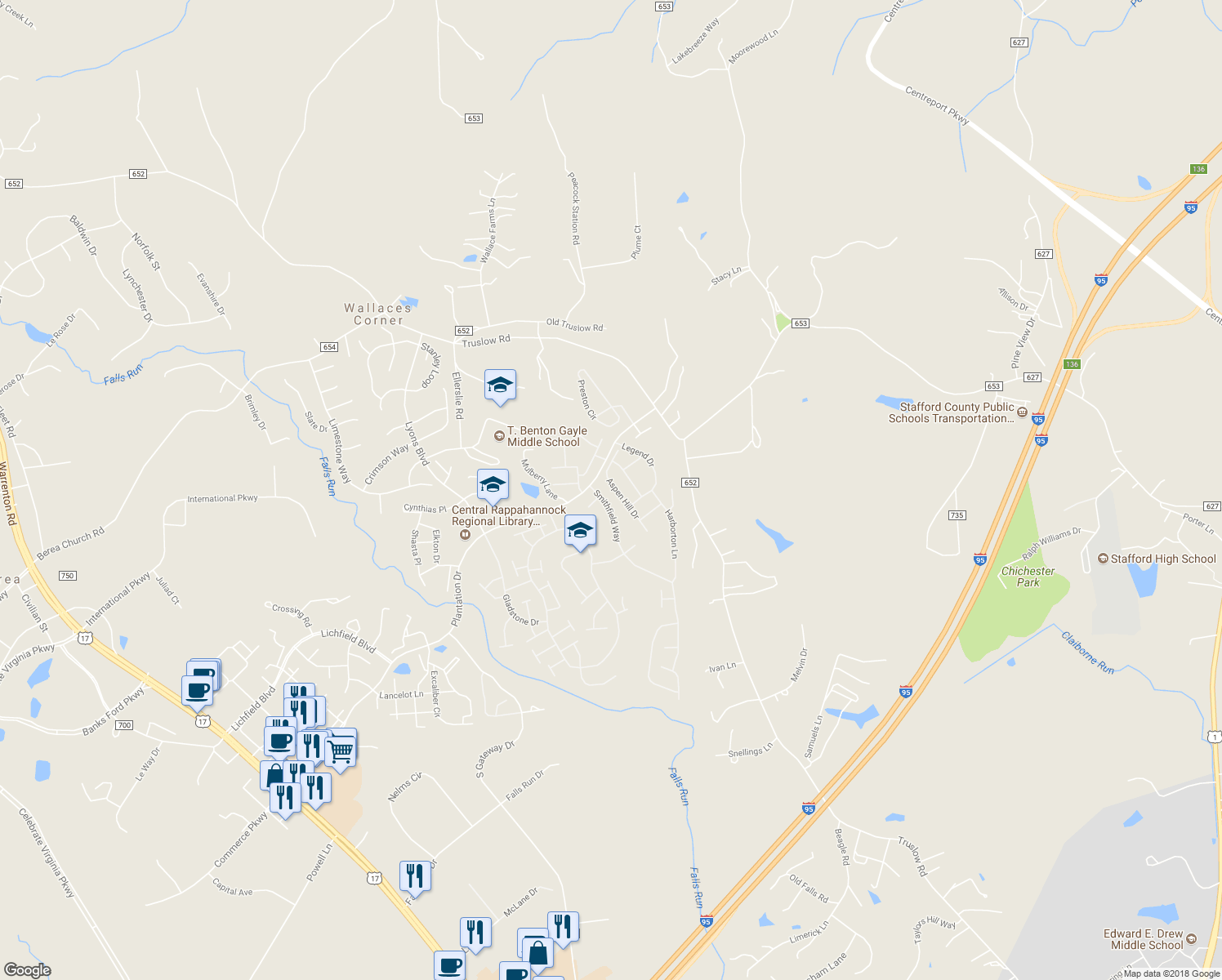 map of restaurants, bars, coffee shops, grocery stores, and more near 40 Aspen Hill Drive in Fredericksburg